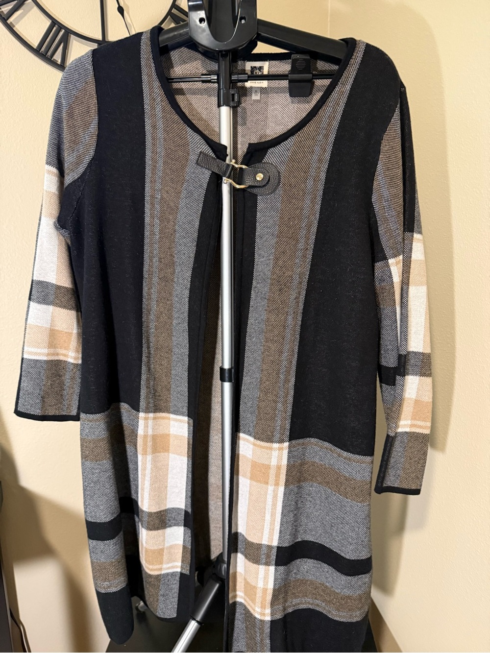 Anne Klein Black and Tan Striped Open-Front Cardigan with Buckle